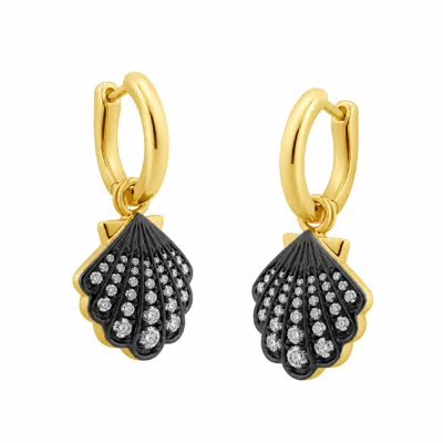 Artisan Women's Gold / White 14k Yellow Gold Diamond Seashell Drop Hoop Earrings In Gray
