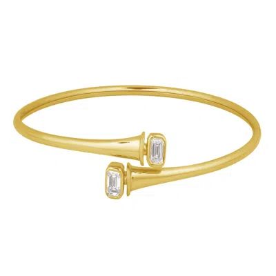 Artisan Women's Gold / White 14k Yellow Gold Emerald Cut Diamond Open Cuff Bangle Bracelet In Gold/white