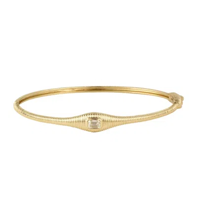 Artisan Women's Gold / White 14k Yellow Gold Emerald Cut Diamond Ribbed Bangle Bracelet In Gold/white