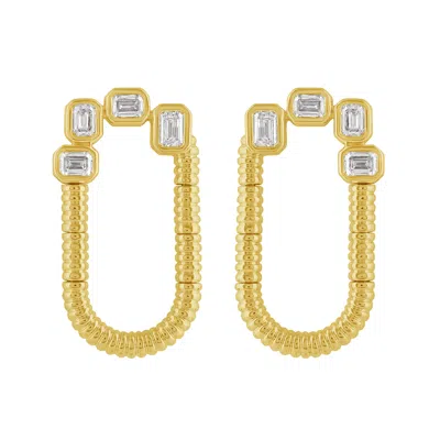 Artisan Women's Gold / White 14k Yellow Gold Emerald-cut Diamond Ribbed Open Hoop Earrings