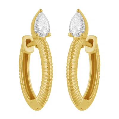 Artisan Women's Gold / White 14k Yellow Gold Pear Diamond Ribbed Hoop Earrings