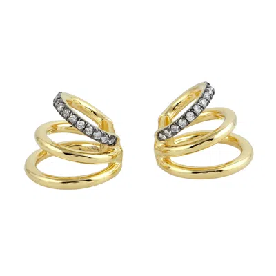 Artisan Women's Gold / White 14k Yellow Gold With Diamond Ear Wrap Ear Cuff On Triple Line Earrings