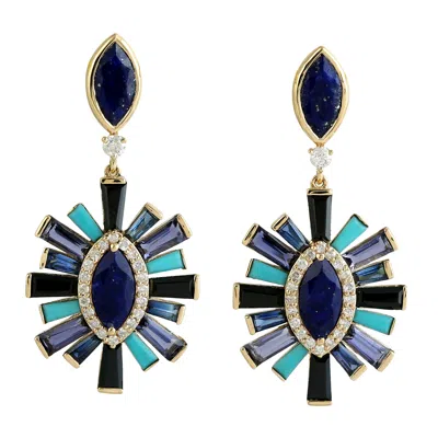 Artisan Women's Gold / White 18k Gold Baguette Multi-gemstone & Diamond Dangle Earrings In Blue