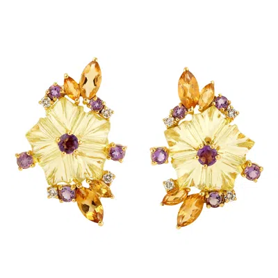 Artisan Women's Gold / White 18k Gold Carved Mixed Stone & Diamond Flower Stud Earrings