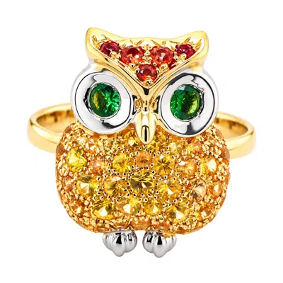 Artisan Women's Gold / White 18k Yellow & White Gold Multicolor Sapphire & Garnet Owl Statement Ring