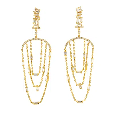 Artisan Women's Gold / White Baguette Cut Diamond Three Layer Chandelier Earrings In 18k Yellow Gold In Multi