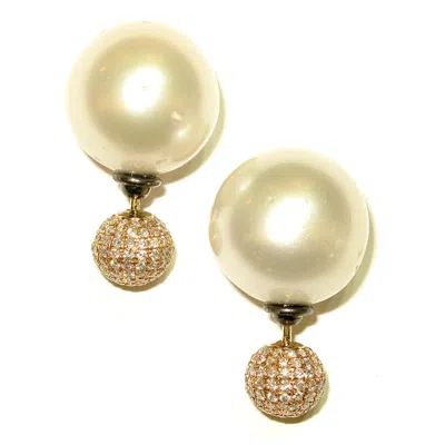 Artisan Women's Gold / White Ball Fresh Water Pearl & Diamond Tunnel Earrings In Gold In Multi