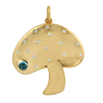 Artisan Women's Gold / White / Blue 14k Yellow Gold Mushroom Charm Pendant With Diamond & Blue Topaz Accents