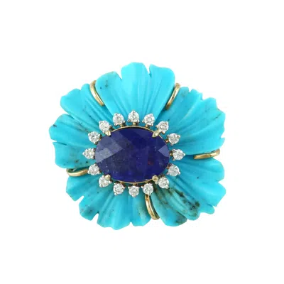 Artisan Women's Gold / White / Blue 18k Yellow Gold Carved Turquoise, Tanzanite & Diamond Flower Pendant