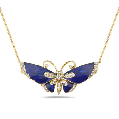 Artisan Women's Gold / White / Blue Butterfly Pendant Necklace In 18k Yellow Gold With Enamel & Pave Diamond In Multi