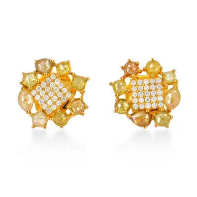 Artisan Women's Gold / White / Brown Luxury Ice Diamond Stud Earrings In Yellow Gold