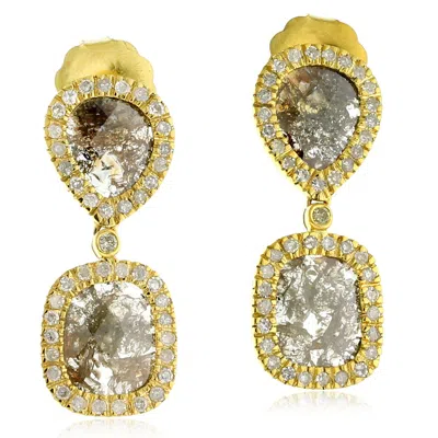 Artisan Women's Gold / White / Brown "slice Diamond Drop Earrings In 18k Yellow Gold With Halo Setting"