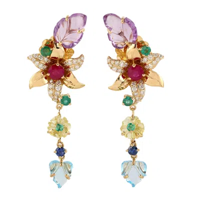 Artisan Women's Gold / White Carved Mixed Gemstone Diamond Floral Earrings In Gold