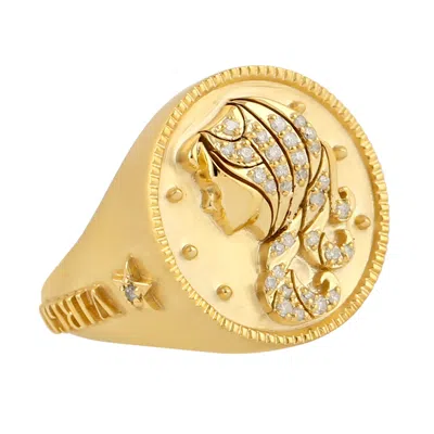 Artisan Women's Gold / White Diamond Virgo Zodiac Signet Ring In 14k Yellow Gold