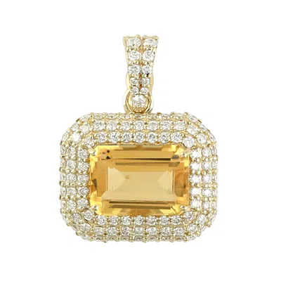 Artisan Women's Gold / White Emerald Cut Citrine & Diamond Halo Pendant In 14k Yellow Gold In Gold/white