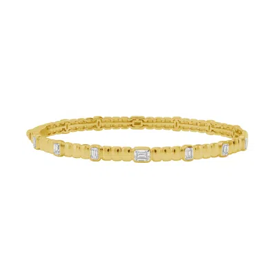 Artisan Women's Gold / White Emerald Cut Diamond Textured Deigner Bangle In Solid Yellow Gold In Multi