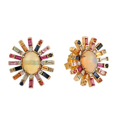Artisan Women's Gold / White Ethiopian Opal & Multi Sapphire Diamond In Gold Stud Earrings