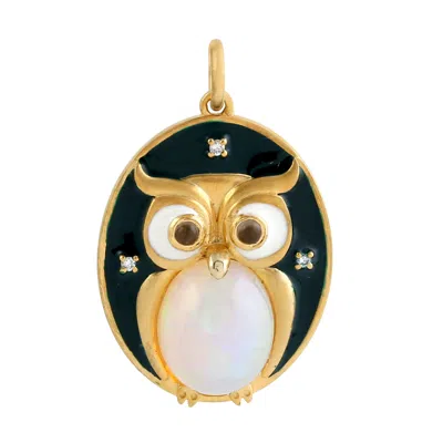 Artisan Women's Gold / White Ethiopian Opal & Quartz Gemstone Diamond In Gold Owl Enamel Pendant