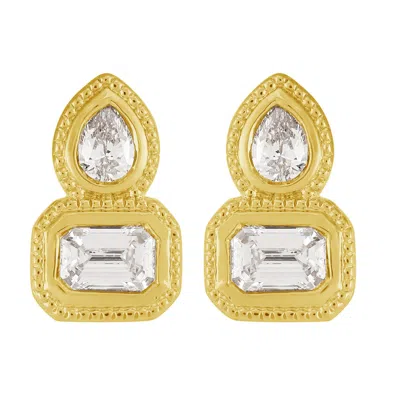Artisan Women's Gold / White Geometric Two Diamond Drop Studs In 14k Yellow Gold In Multi