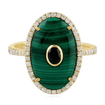 Artisan Women's Gold / White / Green 18k Yellow Gold Malachite, Black Spinel & Diamond Oval Ring
