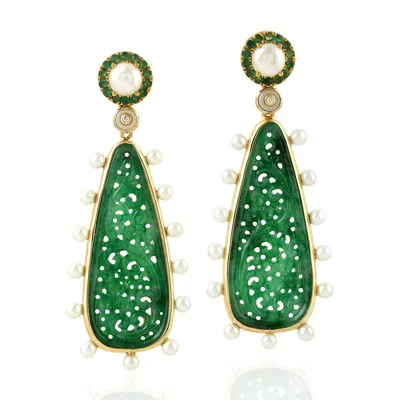 Artisan Women's Gold / White / Green Carved Jade, Emerald Bead & Pearl Dangle Earrings With Pave Diamonds In In Multi