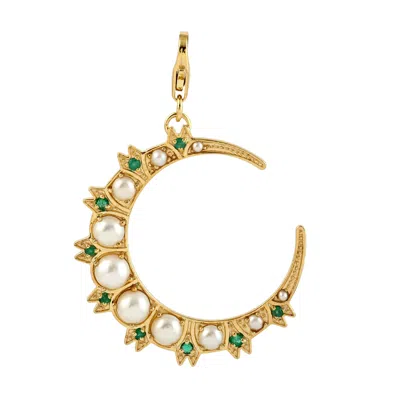 Artisan Women's Gold / White / Green Crescent Moon Pendant Necklace In Yellow Gold With Pearl & Emerald In Multi