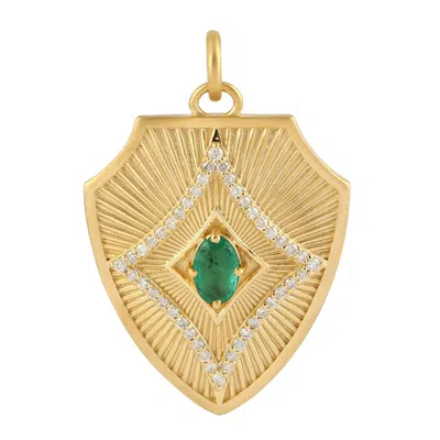 Artisan Women's Gold / White / Green Oval Emerald & Diamond Shield Pendant Necklace In 14k Gold In Multi
