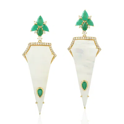Artisan Women's Gold / White / Green Statement Emerald & Mop Diamond Earrings In 18k Gold