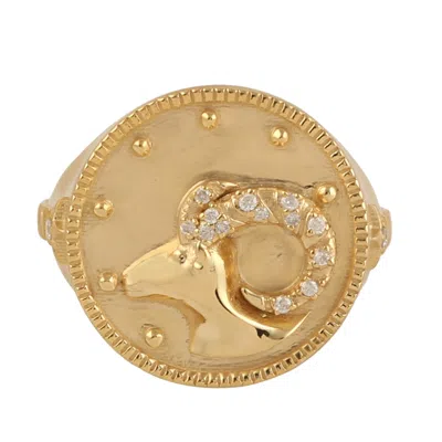 Artisan Women's Gold / White Natural Diamond Aries Horoscope Signet Ring In Yellow Gold