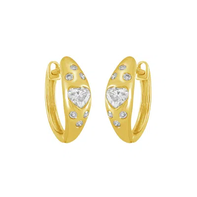 Artisan Women's Gold / White Natural Diamond Heart Design Latch Back Hoop Earrings In Gold