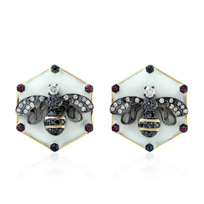 Artisan Women's Gold / White Natural Diamond Stud Earrings Yellow Gold Ruby Sapphire Jewelry In Gray