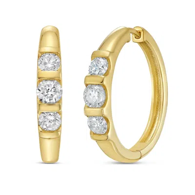 Artisan Women's Gold / White Natural Diamond Three Stone Hoop Earrings In Yellow Gold In Multi