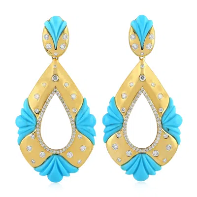Artisan Women's Gold / White Natural Turquoise Dangle Earrings 18k Yellow Gold Jewelry In Multi