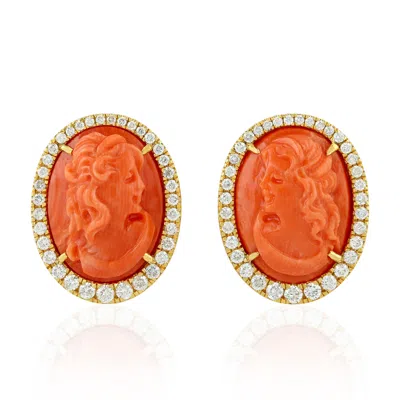 Artisan Women's Gold / White / Orange Designer Carved Coral & Diamond Earrings In Yellow Gold