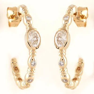 Artisan Women's Gold / White Oval & Round Diamond Beaded Hoop Earrings In 14k Yellow Gold