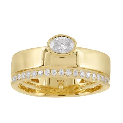 Artisan Women's Gold / White Oval Diamond Bezel Set Wide Band Ring In 14kt Yellow Gold With Pave In Multi