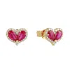 Artisan Women's Gold / White / Pink Natural Ruby & Diamond Heart Stud Earrings In Yellow Gold