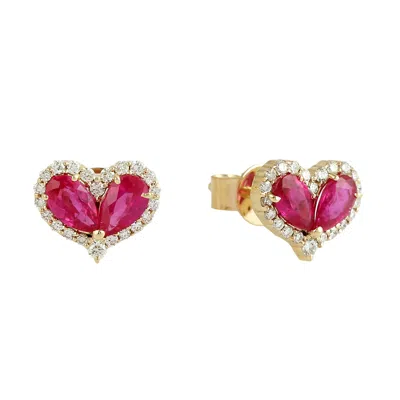 Artisan Women's Gold / White / Pink Natural Ruby & Diamond Heart Stud Earrings In Yellow Gold