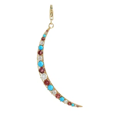 Artisan Women's Gold / White Pink Tourmaline & Turquoise Pave Diamond Crescent Moon Pendant In Gold