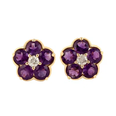 Artisan Women's Gold / White / Purple Amethyst Gemstone & Diamond Stud Earrings In 18k Yellow Gold