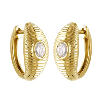 Artisan Women's Gold / White Ribbed Oval Diamond Huggie Earrings In 14k Yellow Gold