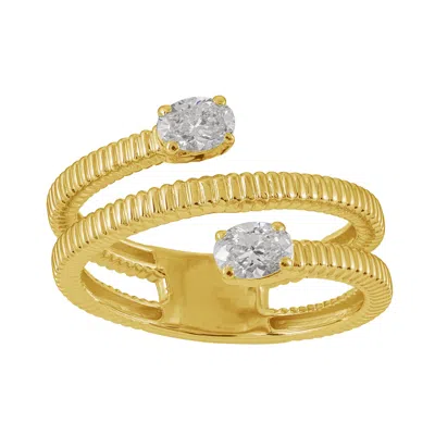 Artisan Women's Gold / White 14k Gold Ribbed Open Bypass Ring With Two Diamonds