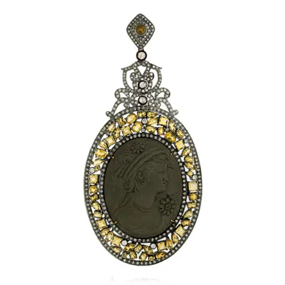 Artisan Women's Gold / White / Silver Diamond Gold 925 Sterling Silver Vintage Look Citrine Pendant Carving In Green