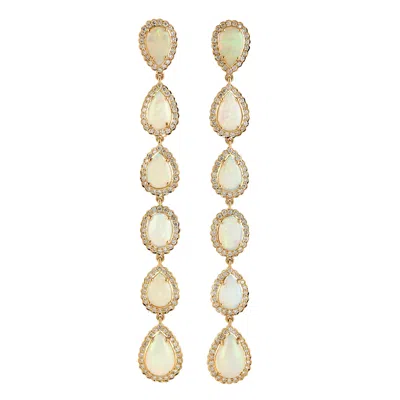 Artisan Women's Gold / White Solid 18k Gold Pear & Oval Cut Ethiopian Opal Pave Natural White Diamond Dangle In Gold/white