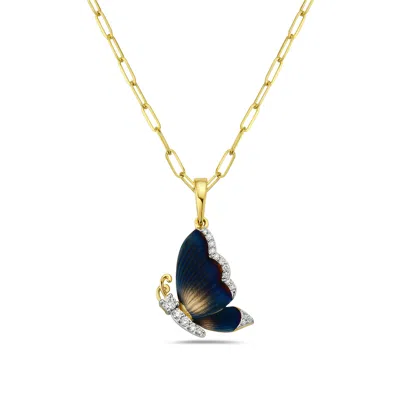 Artisan Women's Gold / White Statement Diamond & Enamel Flying Butterfly Pendant In Yellow Gold