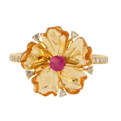 Artisan Women's Gold / Yellow Colorful Mixed Stone & Ruby Flower Ring With Pave Diamonds In 18k Gold