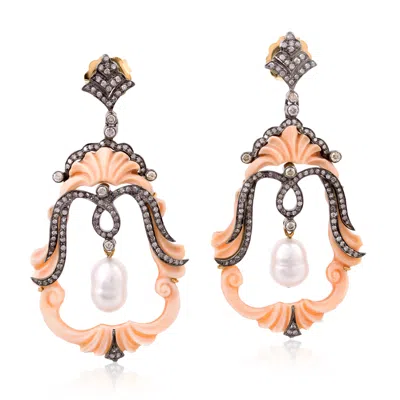 Artisan Women's Gold / Yellow / Orange 18k Gold & Silver In Cameos With Peral Chiness Diamond Earrings