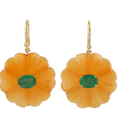 Artisan Women's Gold / Yellow / Orange Gold Emerald Onyx Flower Dangle Earrings Diamond