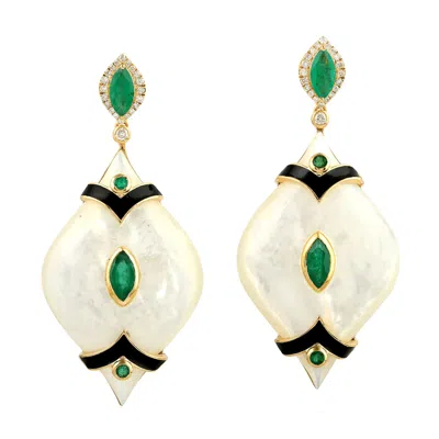 Artisan Women's Green / Black / White Emerald Diamond Mother Of Pearl Dangle Earrings 18k Yellow Gold In Neutral