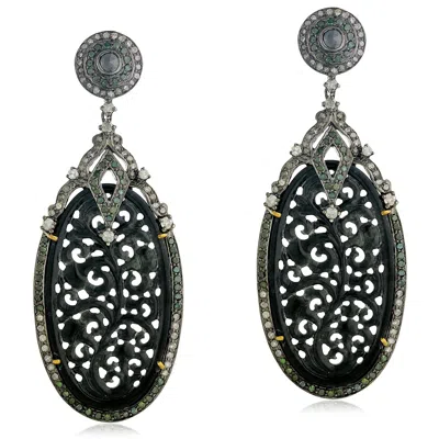 Artisan Women's Green / Black / White Gemstone Pave Diamond Gold 925 Sterling Silver Carved Dangle Earrings In Animal Print